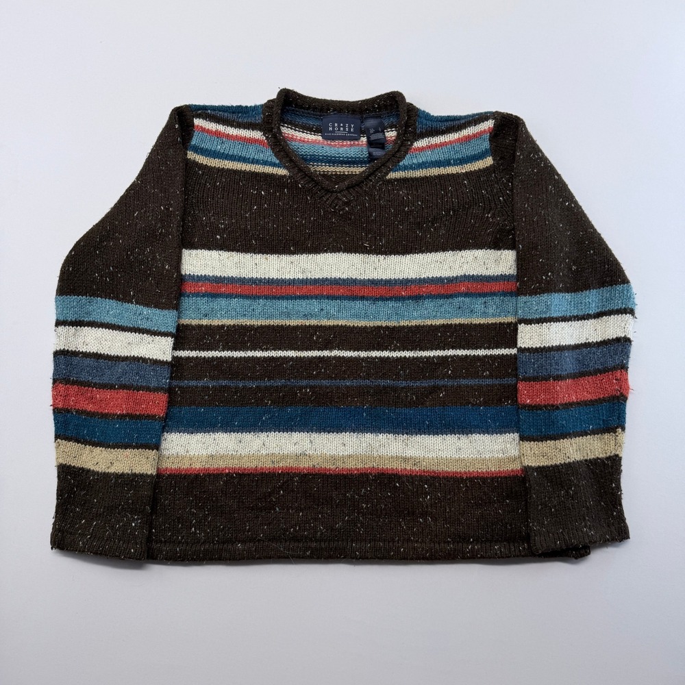 Crazy Horse Liz Claiborne Brown Striped V-Neck Sweater Large Multi Color Fleck